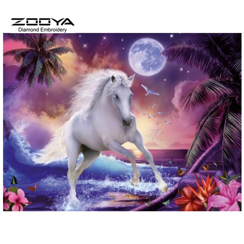 Картина из страз ZOOYA 5D сделай сам алмазная вышивка Белая лошадь с Луной картина