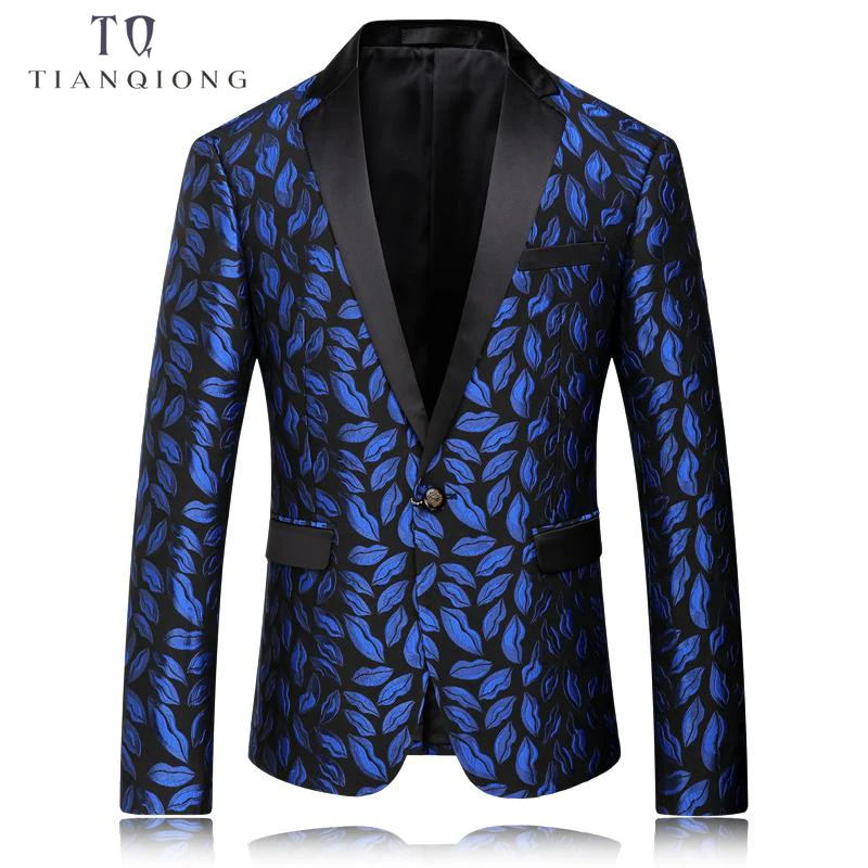 

TIAN QIONG Blazer Men 2018 Royal Blue Mens Blazer Slim Fit Mens Stage Wear Fashion Printed Wedding Blazers Male Floral Jackets