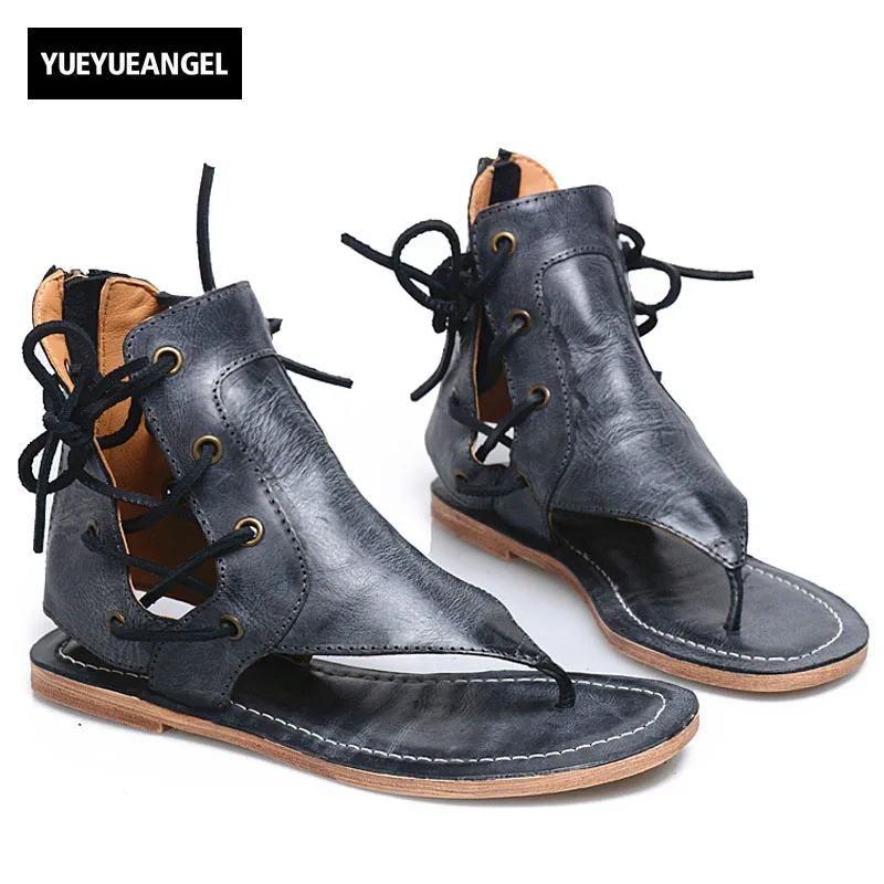 

Espadrilles Retro Gladiator Sandals Women Genuine Cow Leather Flip Flops Sandals Lace Up Shoes Black Brown zapatos mujer