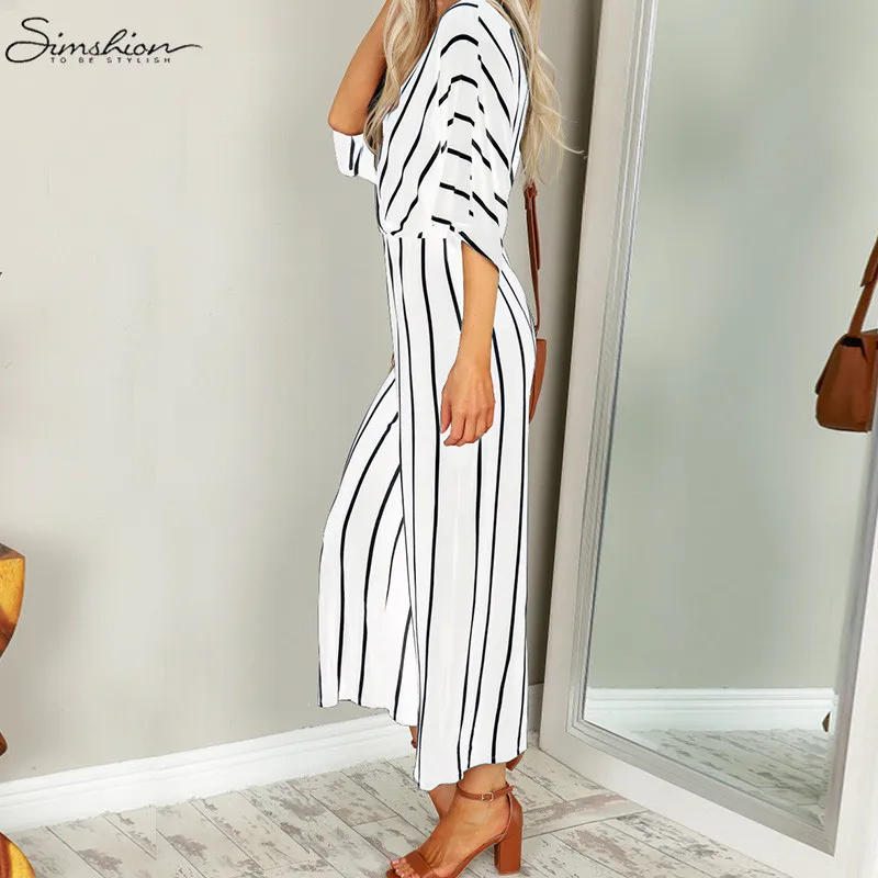Fashion Women Wide Leg Jumpsuit 2018 Summer Casual Pant V-neck Short Sleeve Striped Romper Trouser Office Long Playsuit Bodysuit