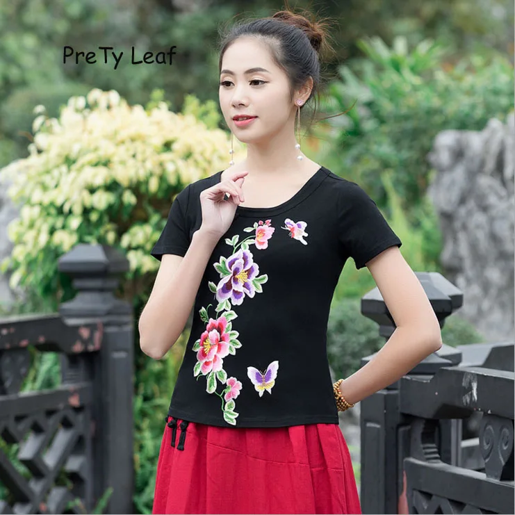 2018 National Wind Summer Embroidered Short Sleeve T-Shirt | Женская одежда