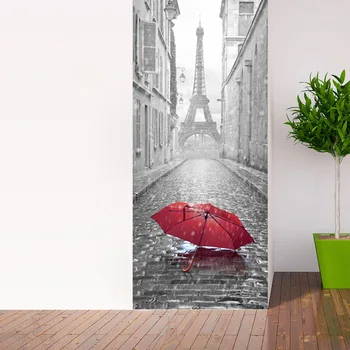 

3D France Eiffel Tower Door Wall Sticker Self Adhesive Peel & Stick Repositionable Red Umbrella Fabric Mural Home Decoation