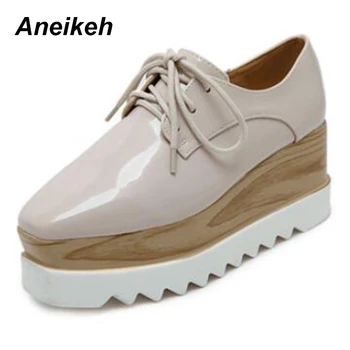 

Aneikeh 2020 European Famous Brand Brogue Shoes Woman Spring Patent Leather Oxford Platform Shoes Lace-Up Creepers Bullock Flats