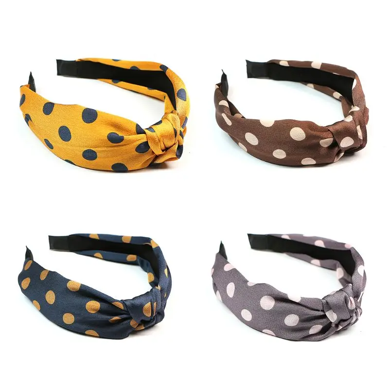 

Women Girls Vintage Large Polka Dot Printed Headband Glitter Silky Cloth Wrapped Hair Hoop Middle Knotted Wide Korean Style
