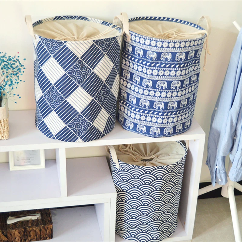

Blue Laundry Bucket Cotton-linen Storage Bucket Folding Clothes Organization Basket Cosmetics Books Container 33*41CM -FZ