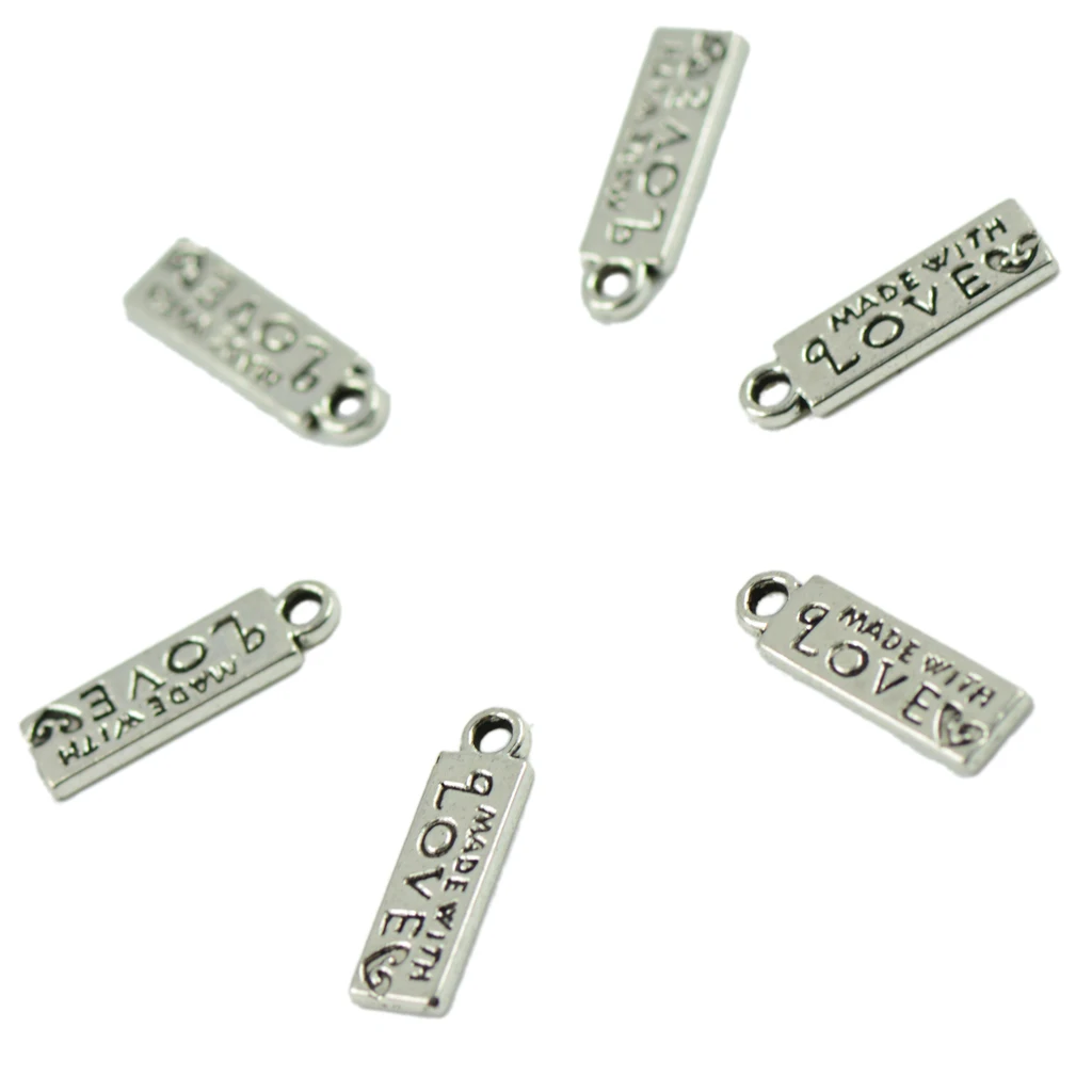 200pcs Jewelry Making Charm Rectangle Pendants MADE WITH LOVE Antique Design DIY Apparel Sewing Buttons Silver 