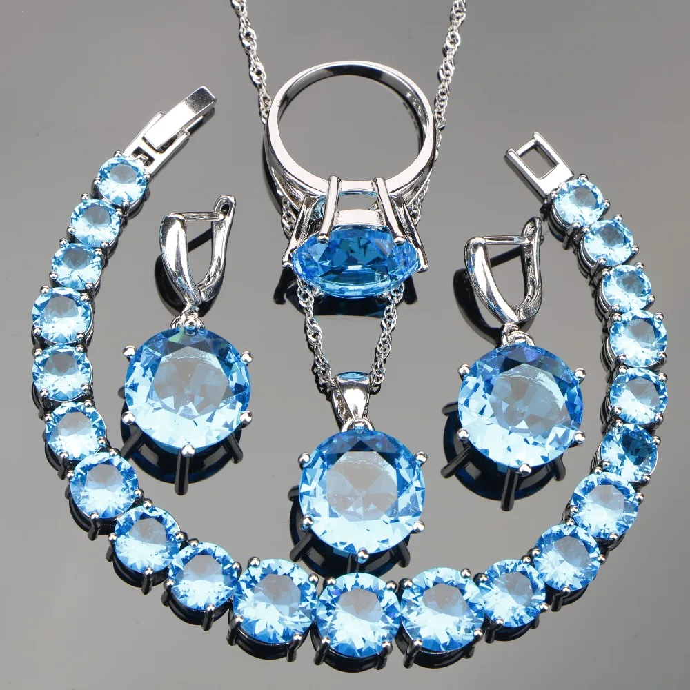 Sky Blue Zircon 925 Silver Costume Jewelry Sets Women Wedding Necklace