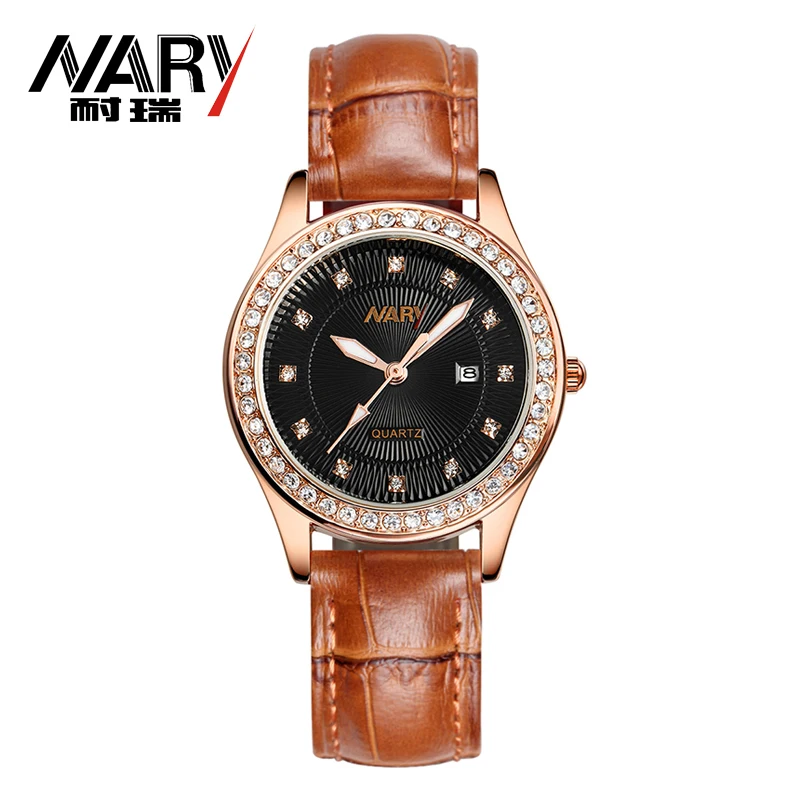 Fashion NARY Brand Women Watch Genuine Leather Strap Rhinestone Wristwatch Elegant Female Dress Quartz Watch relogio