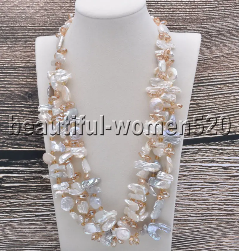 

Z7472 3Strands white&gray coin&biwa Freshwater Pearl Stone Necklace 23inch