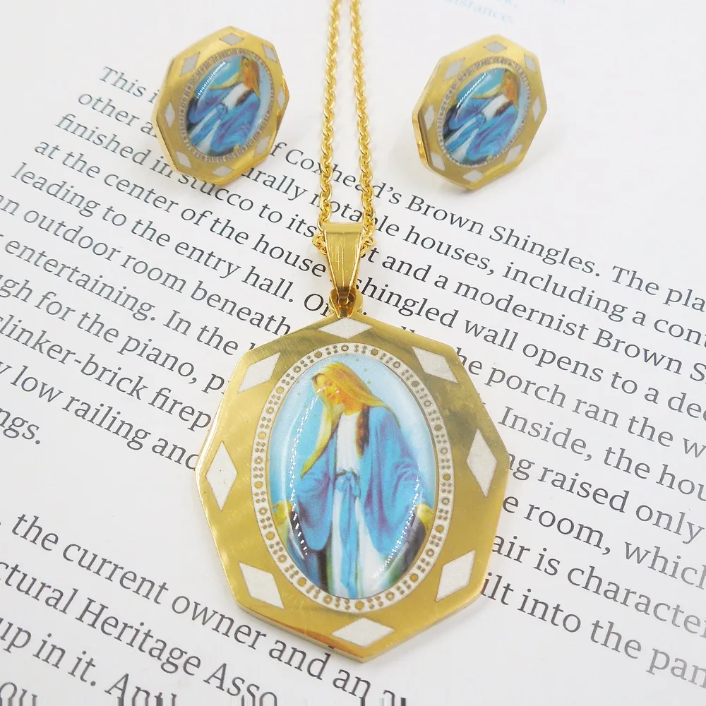 

Cute Women 316L Stainless Steel Necklace Party,Blessed Virgin Mary Devout Earrings F Pendant Necklace Set EV-G209