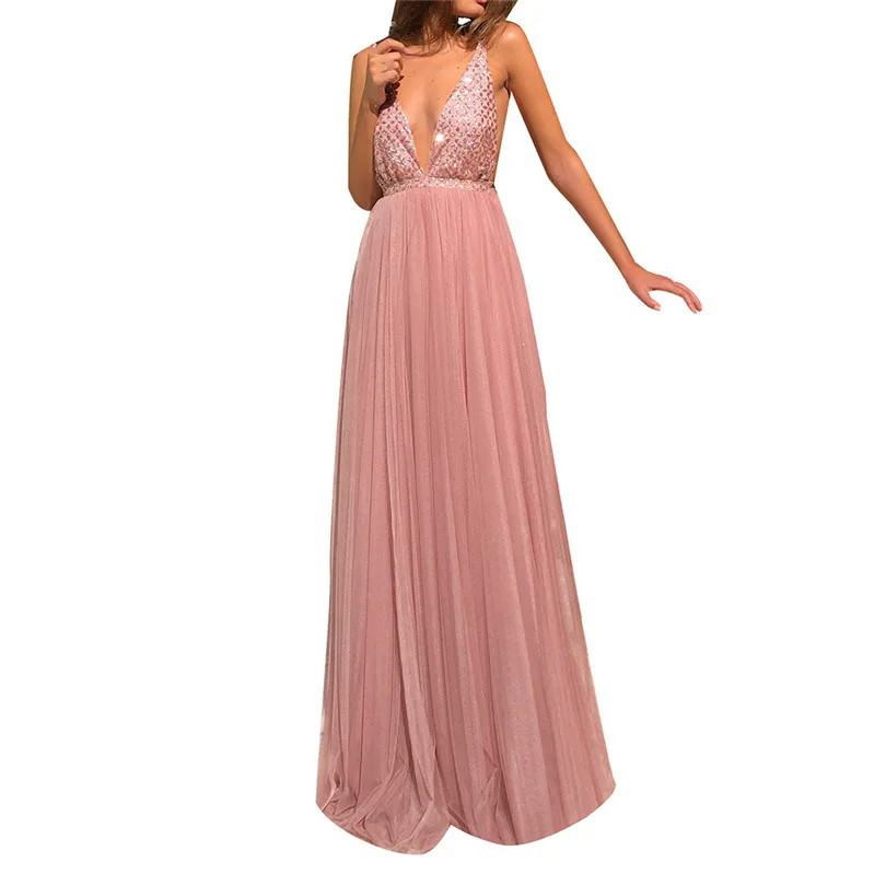 

Chiffon Sequin Solid Colour Formal Dress Women Elegant Back Hollow Long Party Elegant Gown Dress Deep V Neck Vestidos 40APR4