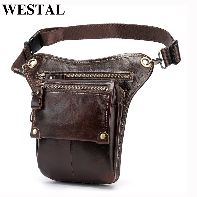 WESTAL جلد طبيعي حقيبة الساق في الخصر حزمة دراجة نارية حزمة مراوح حزام أكياس الهاتف الحقيبة السفر الذكور الصغيرة حقيبة الساق التكتيكية 3237