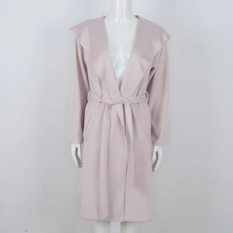 

Autumn Winter Women Trench Coat 2017 Long Duster Coat Hooded Casual Warm Flesh Pink Solid Turn-down Collar Outwear