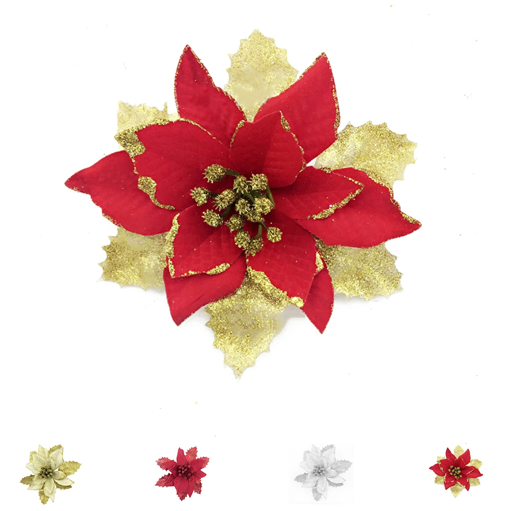 15cm Poinsettia Glitter Flower Christmas Tree Decorations Artificial
