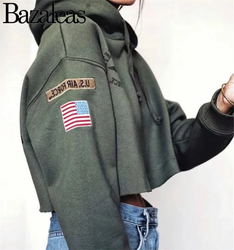 Женские толстовки с длинным рукавом укороченная толстовка с вышитым флагом США пуловер