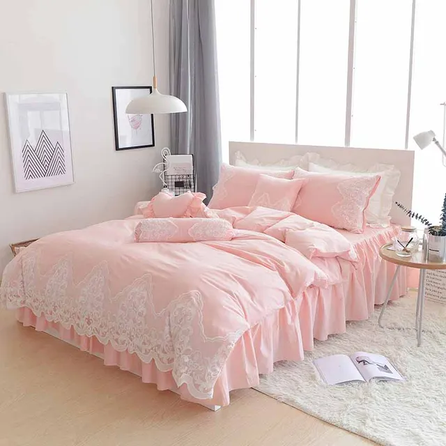 8pc/6pc Lace bedcover set red/pink luxury wedding bedding sets double