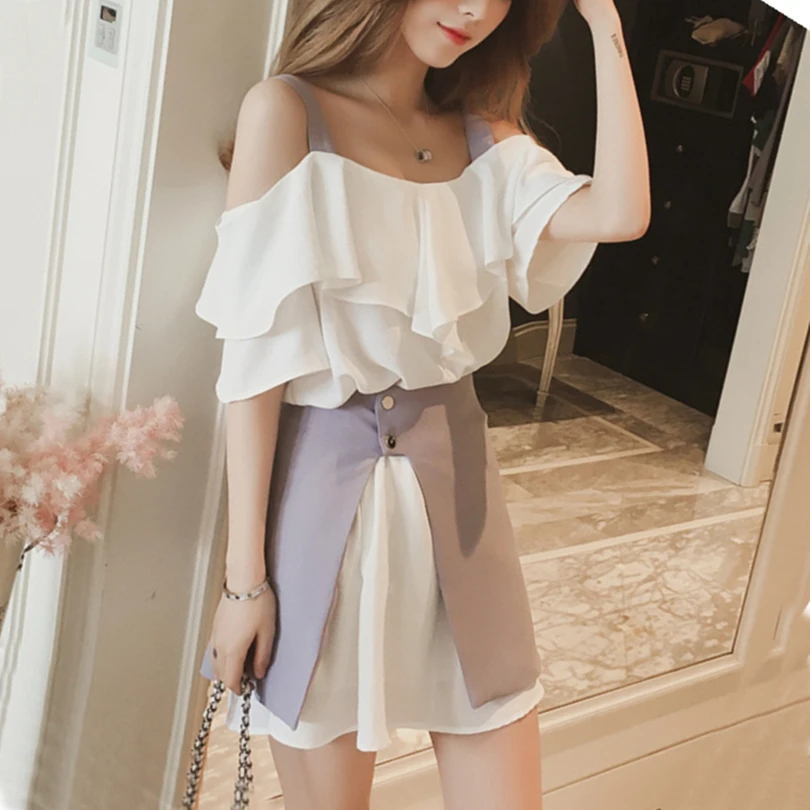 

Taotrees Summer Off Shoulder Strap Dresses 2 Piece Set Woman Ruffle Dress + Irregular Skirt Fashion Sets