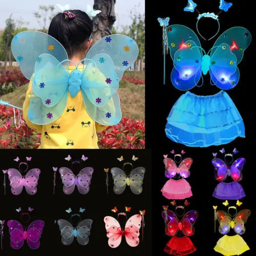 Светящийся детский маскарадный костюм с крыльями бабочки для девочек и мальчиков повязка на голову, волшебная палочка, вечерние комплекты одежды из 3 предметов для ролевых игр