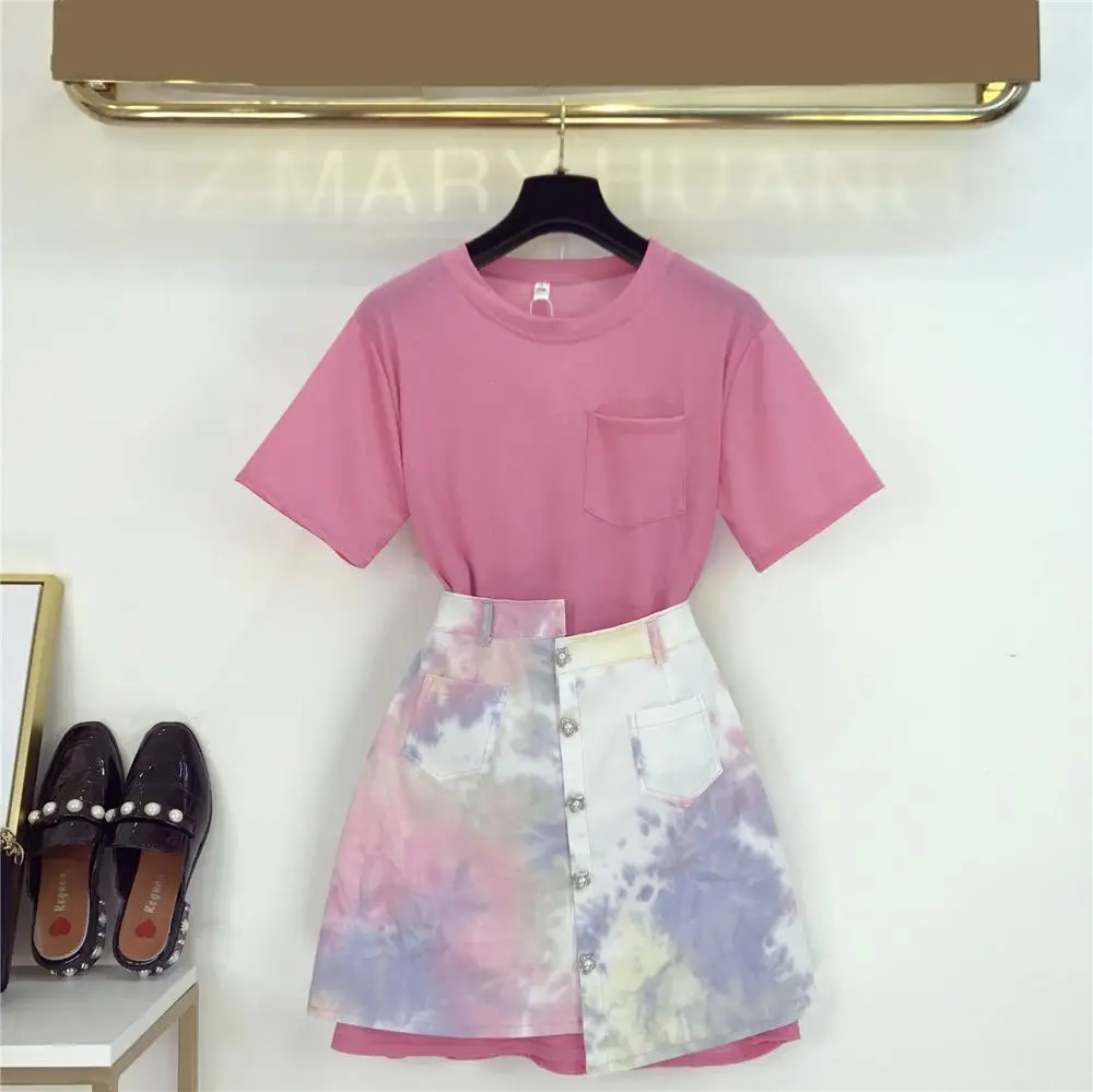 Летние женские футболки с короткими рукавами платье+ разноцветная юбка комплекты из 2 предметов модные красивые женские костюмы A1367