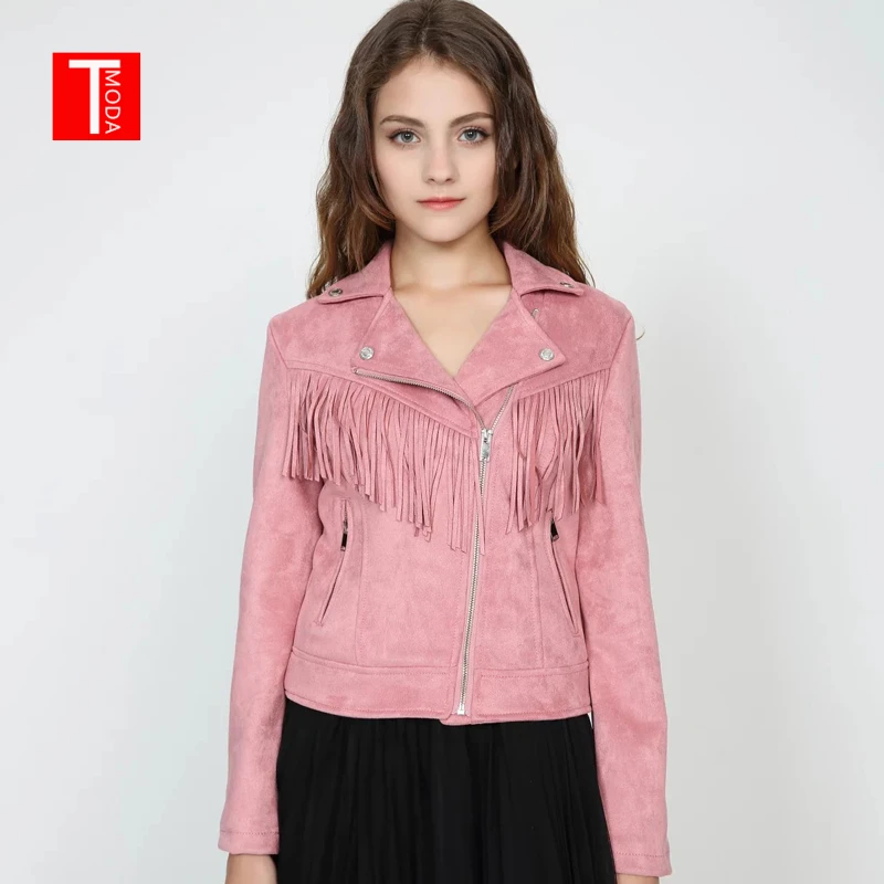 

2018 Spring Autumn New Women Soft Suede Faux Leather Jacket Lady Fall Tassel Coat Biker Pink Matte Zippers Outerwear