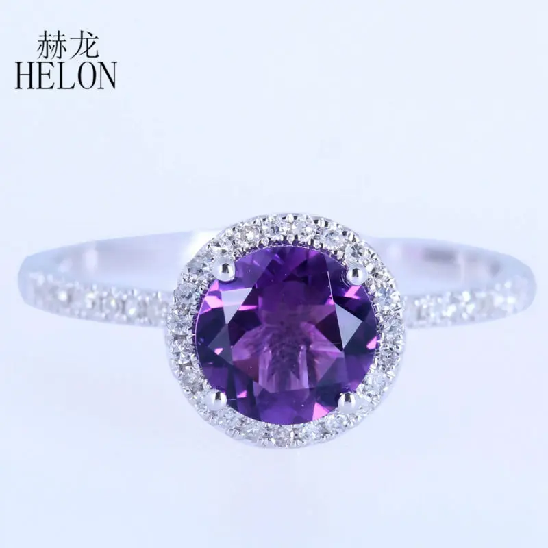 HELON Solid 14K белое золото безупречный круглый 1.4ct настоящий натуральный аметист и бриллианты обручальное Обручальное модное Ювелирное кольцо