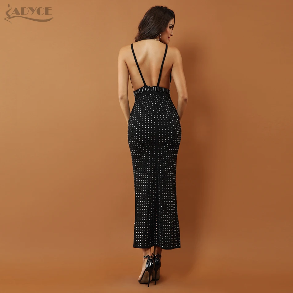 ADYCE Women Celebrity Evening Party Dress 2018 New Black Beaded Sleeveless Sexy Backless Splitting Spaghetti Strap Dress Vestido