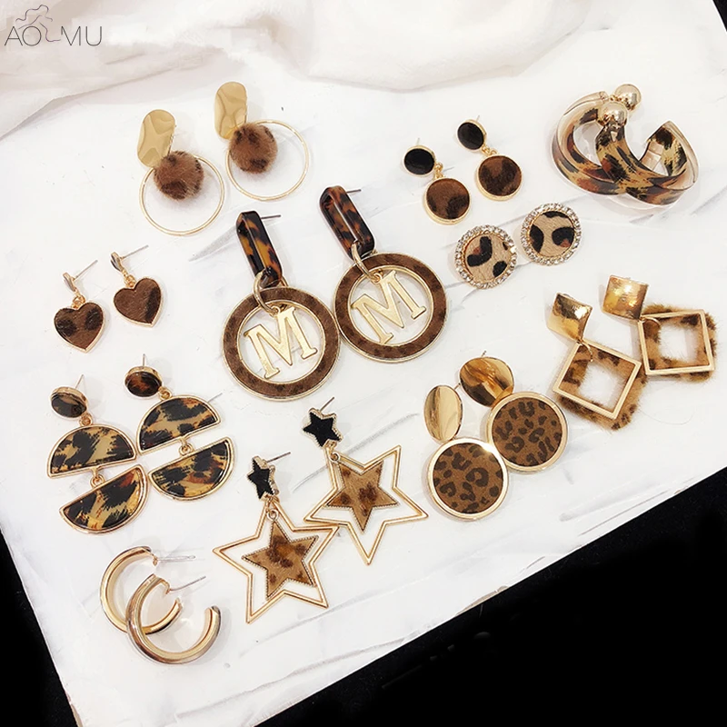 AOMU Metal Gold Velvet Leopard Print Fur Star Ball Tortoiseshell Acrylic Geometric Circle Square Long Drop Earrings for Women