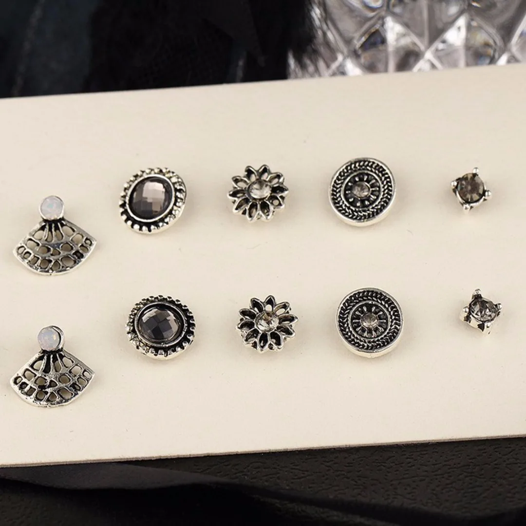 6pairs/ set Vintage Crystal Heart Earrings For Women Stone Beads Ear Cuff Piercing Ears Clips Steampunk Love Party Earring Sets