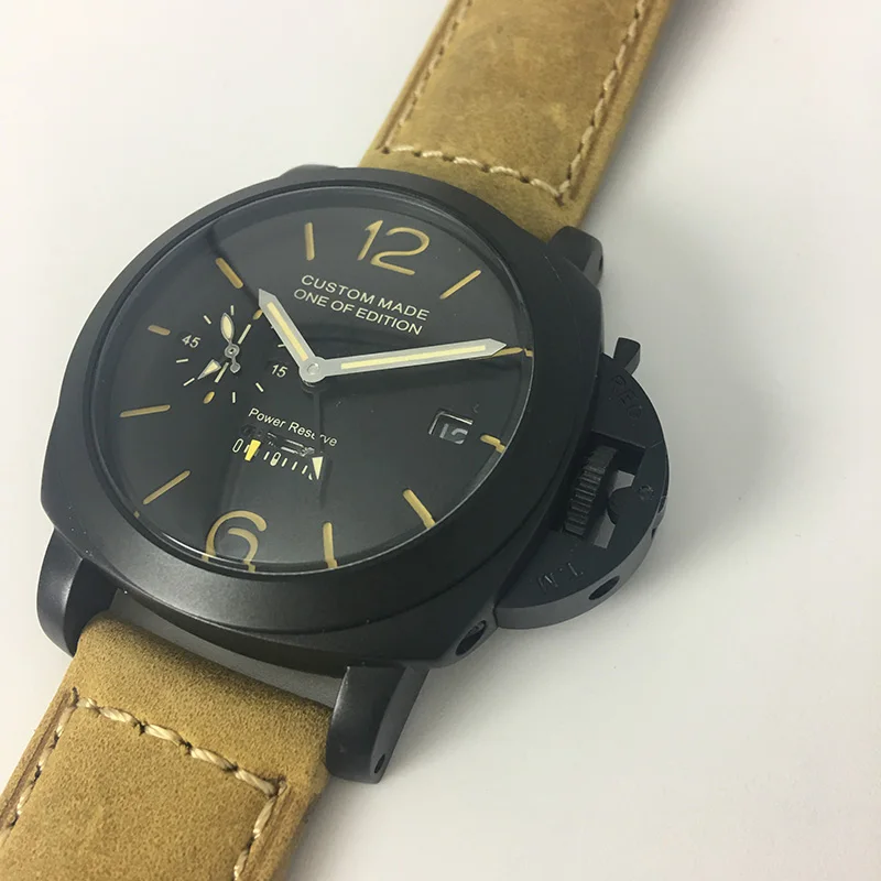 

44mm Men Automatic Mechanical Watch Leather Strap Luminous Power Reserve PVD Military Waterproof GMT Watch