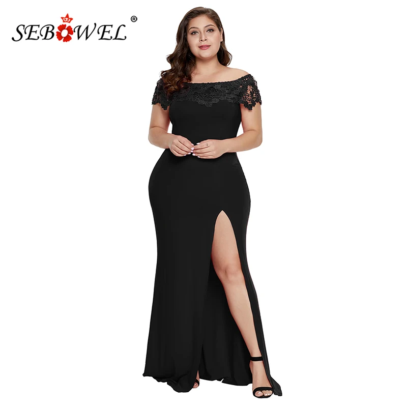

SEBOWEL Red Sexy Plus Size Long Dress Women 2019 Summer Chic High Slit Off Shoulder Party Lace Dresses Black Big Size Dress 5XL