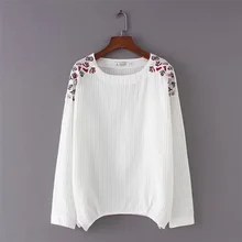Хлопок Вышивка Белый Топ с длинным рукавом Женщины повседневные женские рубашки-топы blusas mujer chemise femme