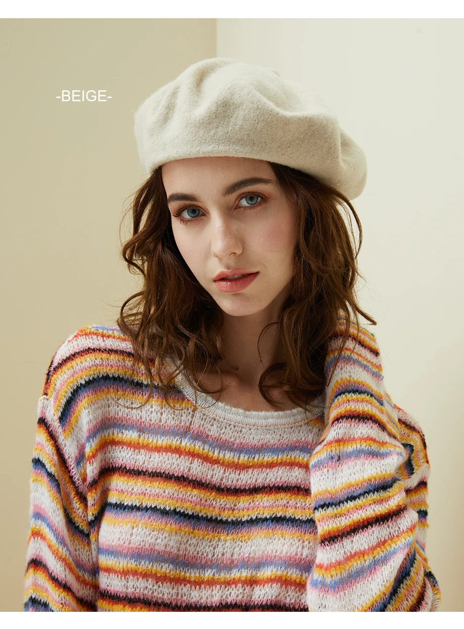 Women Knit Beret 100% Pure Wool Winter Warm Hat Female British Style Lady Painter Bonnet Hats Solid Color Beanie High Quality  (14)