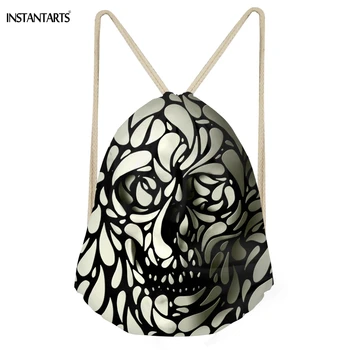 

INSTANTARTS Punk Rock 3D Skull Head Printing Men Drawstrings Bags Storage Basketbally Backpacks Travel Beach Bags for Teens Boys