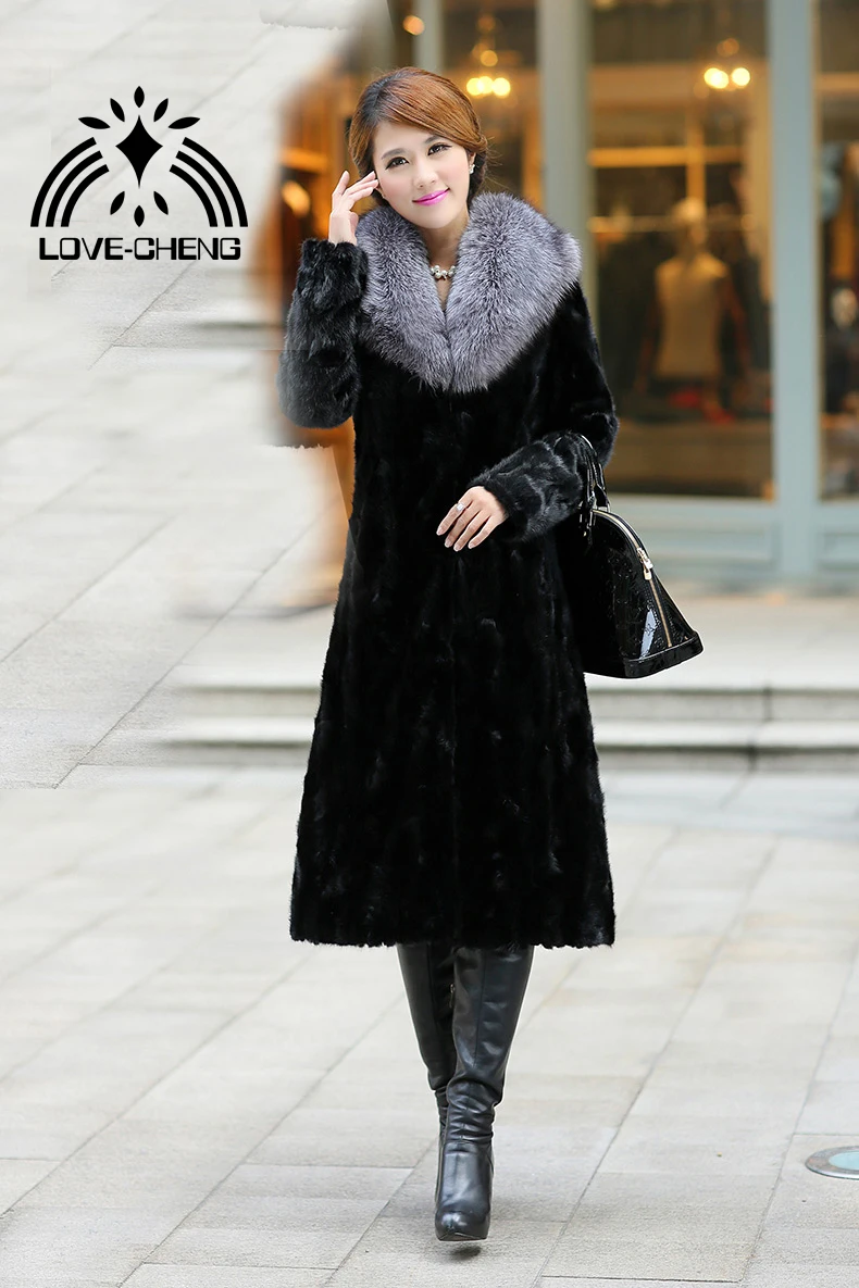 

Real genuine natural mink fur coat women X-Long fur jacket with fox fur collar ladies fashion overcoat outwear custom any size