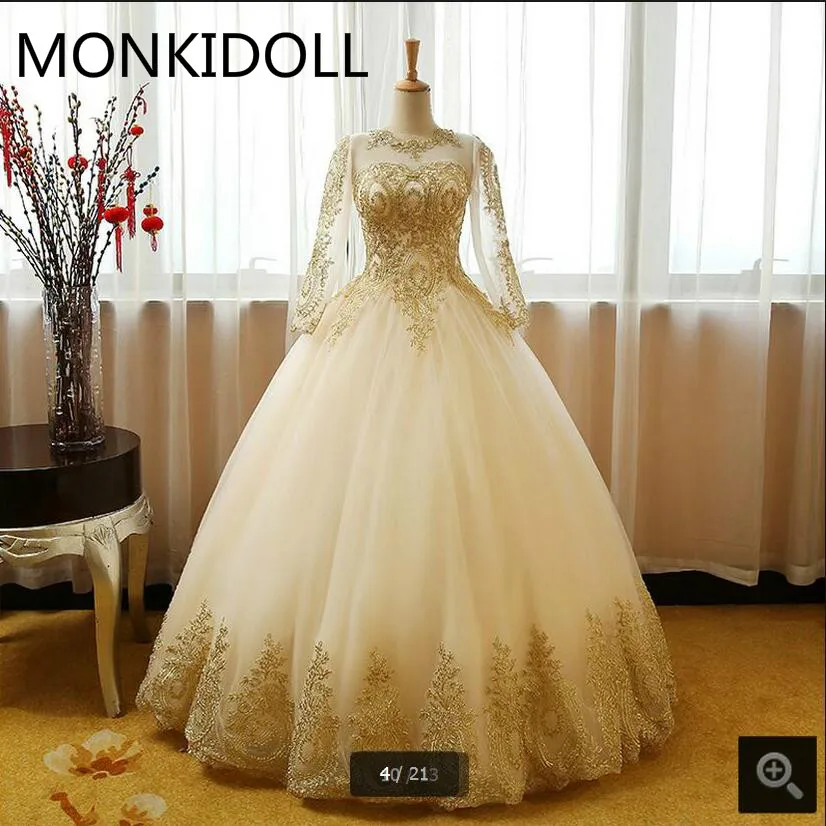 

Attractive-wholesale ball gown gold lace fashion wedding dress long sleeve hollow back sexy corset cheap wedding gowns on sale