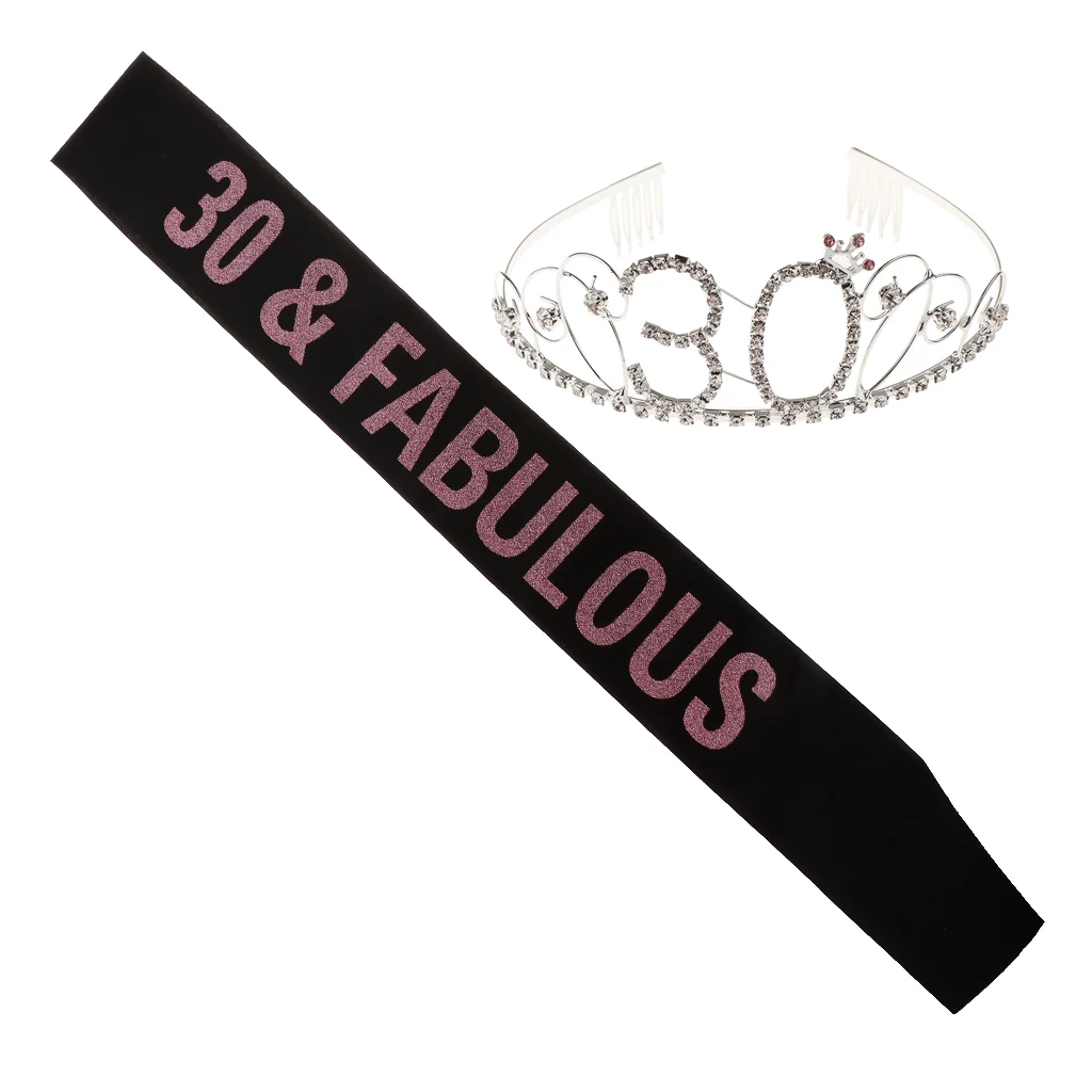 30th Birthday Tiara And Sash Set 30 & Fabulous Glitter Satin Sash Rhinestone Tiara