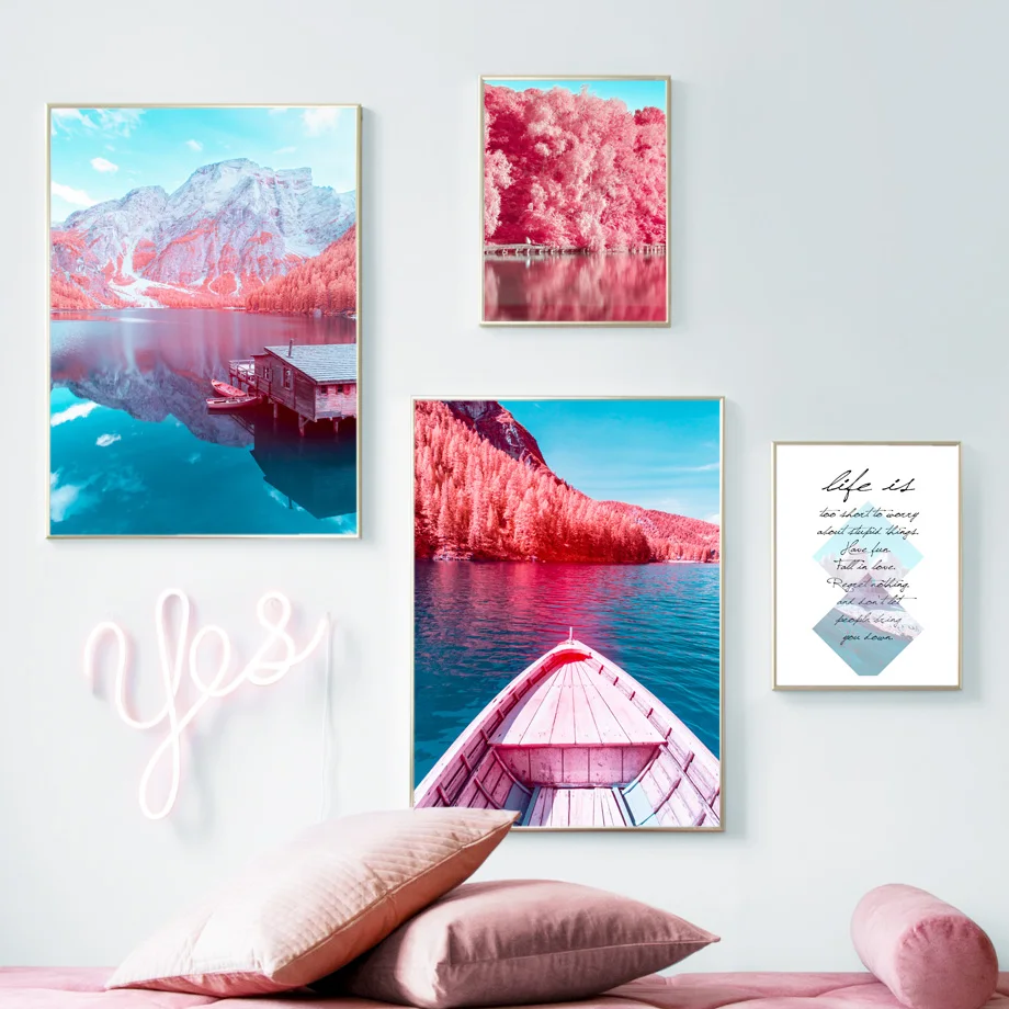 Pink Tree Boat Calm Lake Mountain Reflection Art Canvas Painting Nordic Posters And Prints Wall Pictures For Living Room Decor | Дом и сад