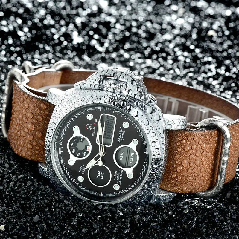 

GOLDENHOUR Top Brand Luxury Chronograph Dual Time LED Digital Watch Men Calendar Alarm Leather Strap Waterproof Wrist Watches