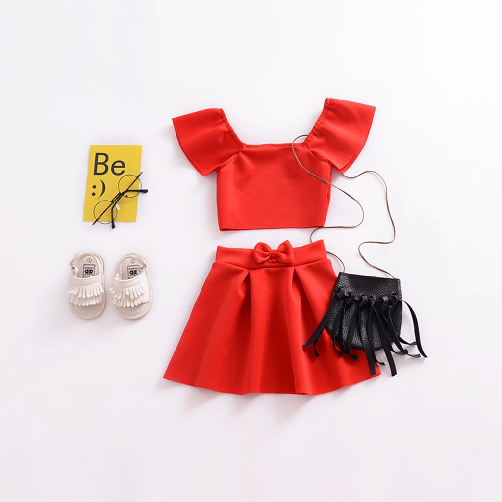 

Summer Kids Dress For Girls Clothing Baby Girl Red Top+Skirt Set Infant Toddler Girl Dancing Performance Clothing Set