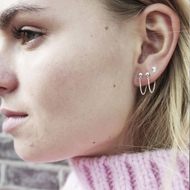 

2017 New Simple Tiny Chain Stud Earrings Front And Back Earrings For Women boucles d'oreilles