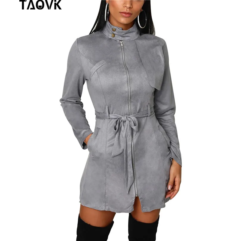 TAOVK Women Front Zippers Dress Office Lady Stand Collar A-Line Knee-length Elegant High Waist Belt Suede Dresses
