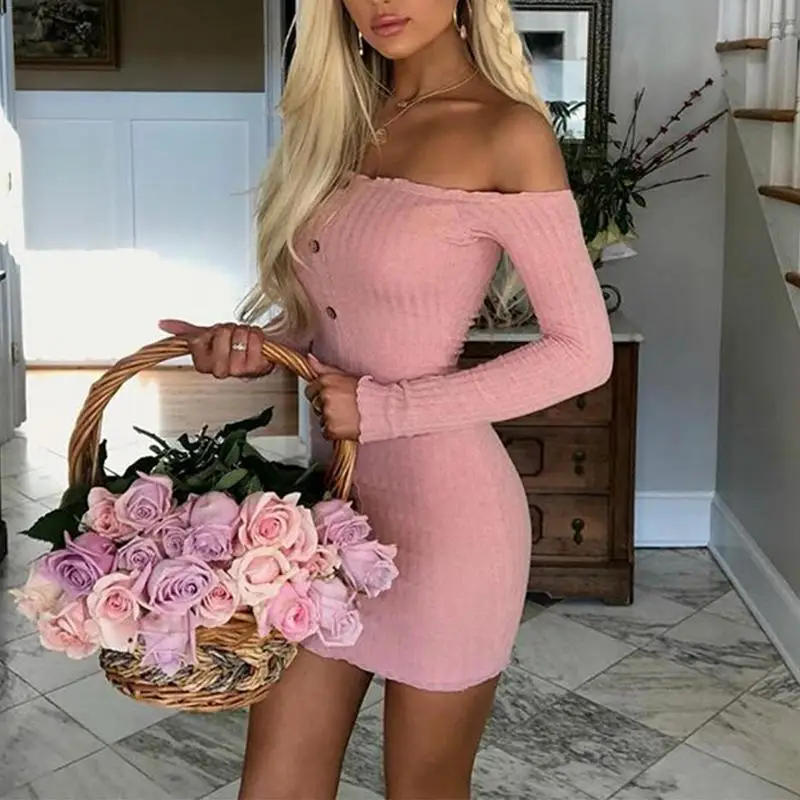 

Sexy Off Shoulder Club Women Dress Slim Bodycon Dress Autumn Winter Knitted Elastic Sweater Party Night Dresses Vestidos