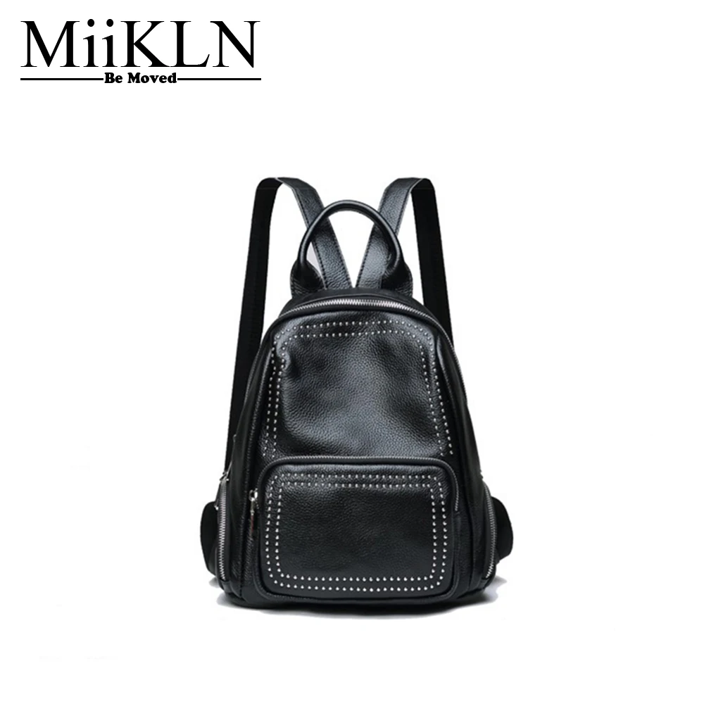 

MiiKLN Women Backpack Genuine Leather Back Red Grey Fashion Design Ladies Travel Back Pack Rivet Backpack For Women Ladies