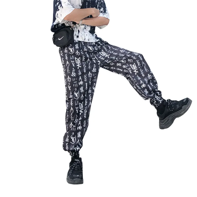 

Focal20 Streetwear Chinese Print Women Pants Elastic Waist Casual Loose Pants Full Length Sporting Pants Trousers