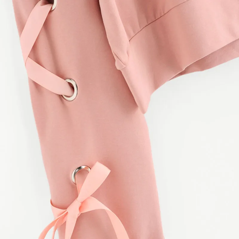 Eyelet Lace Up рукав Укороченный свитшот осень розовый Круглый Шеи Милые пуловеры 2018