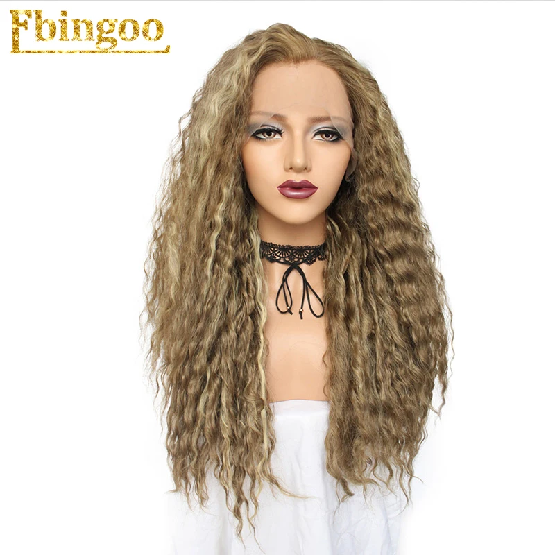 Ebingoo Kinky Curly High Temperature Fiber Perruque 24 Inch Blonde Orange Brown Synthetic Lace Front Wig With Free Part