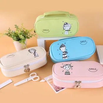 

Pencil Bag Large Capacity PU Leather Pencil Case Sweet Candy Color Stationery Handle Pen Box School Supplies Xmas Gift