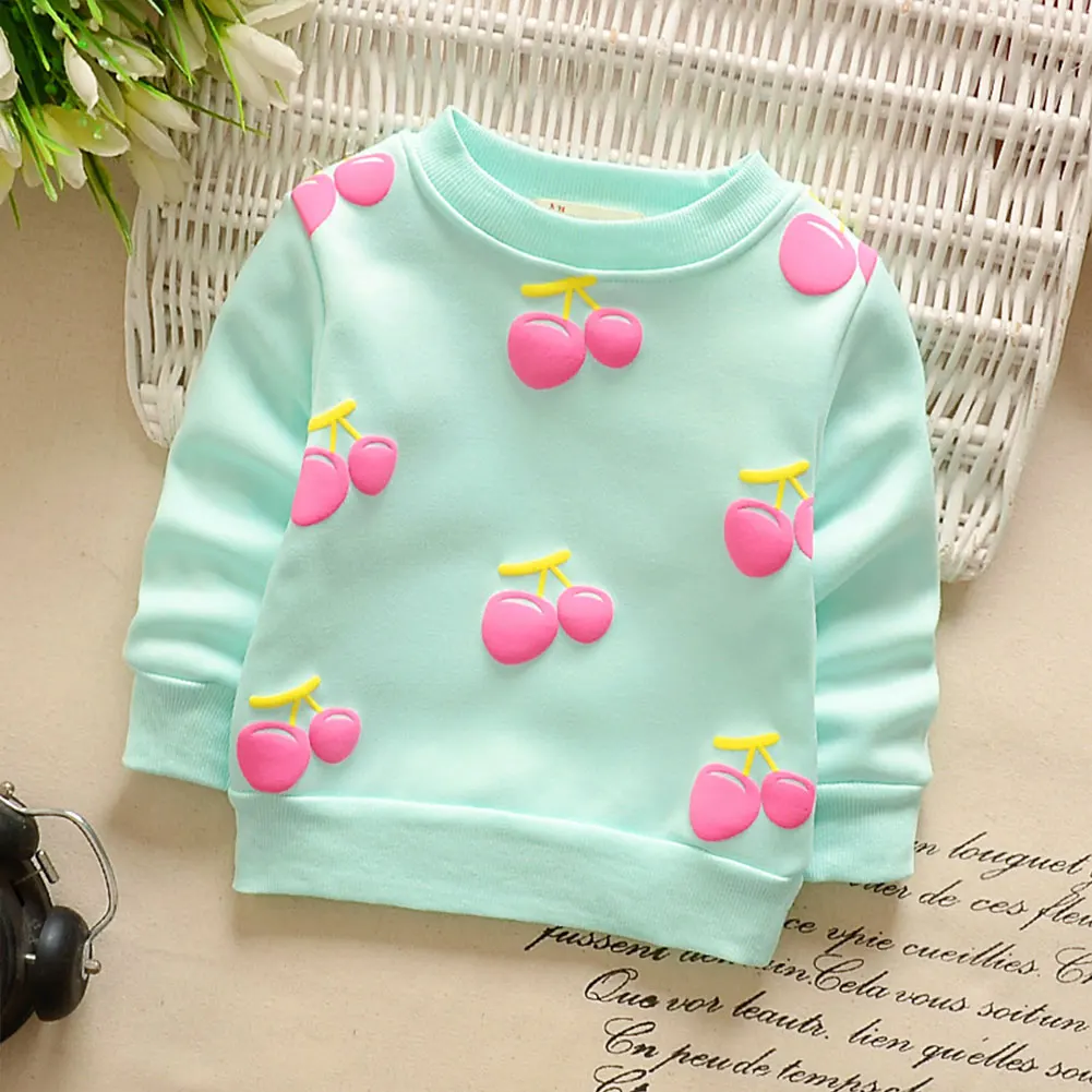 Toddler Baby Kids Girls Boys Autumn And Winter New Cherry Children Plus Velvet Long Sleeve Soft Warm Sweatshirt Tops