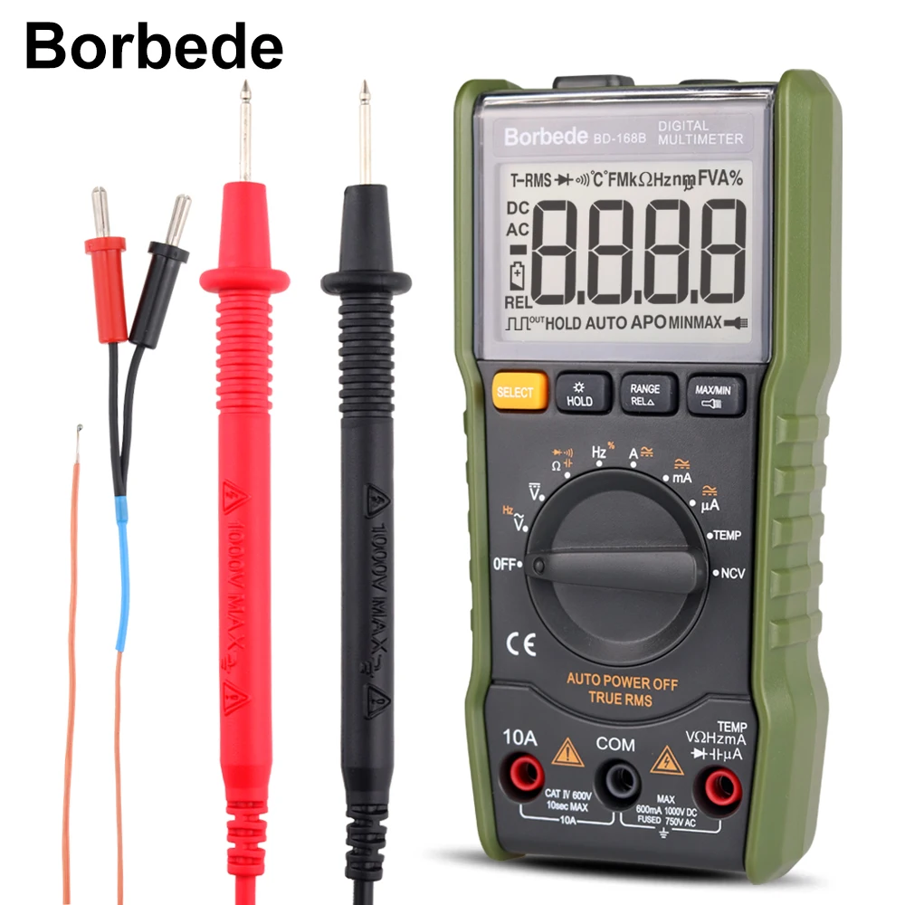 Borbede BD-168B Multifunction Mini Digital Multimeter DC/AC Resistance Capacitance Temperature Diode Test NCV True RMS
