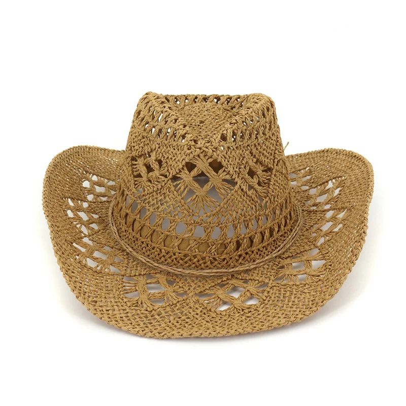 Summer Outdoor Men Women Hand-woven Western Cowboy Paper Straw Hats Wide Brim Breathable Beach Jazz Cap Sun Protection Hat 5